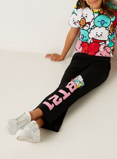 BT21 Print Wide Leg Pants with Elasticated Waistband-Trousers-image-0