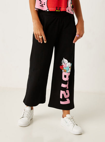 BT21 Print Wide Leg Pants with Elasticated Waistband-Trousers-image-1