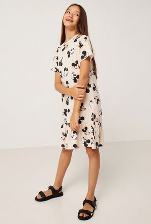 Mickey Mouse Print Drop Waist Dress with Short Sleeves