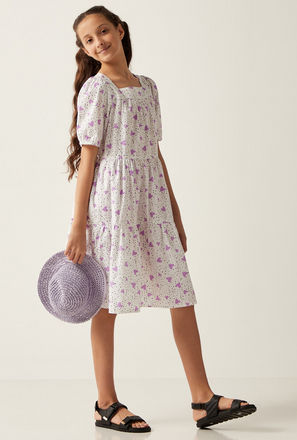 All Over Heart Print Tiered Dress with Short Sleeves