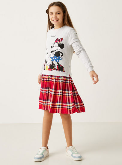 Mickey Mouse Print Round Neck Dress with Long Sleeves and Checked Detail
