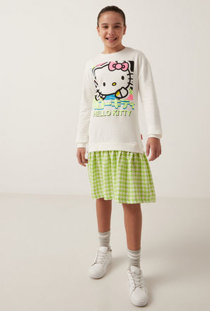 Hello Kitty Print Dress with Long Sleeves and Crew Neck