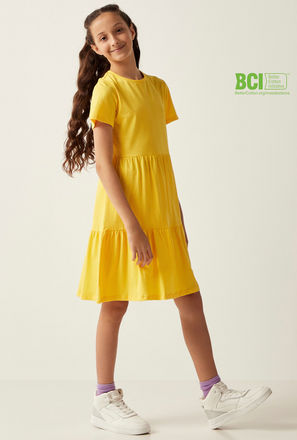Solid BCI Cotton Tiered Dress with Round Neck and Short Sleeves