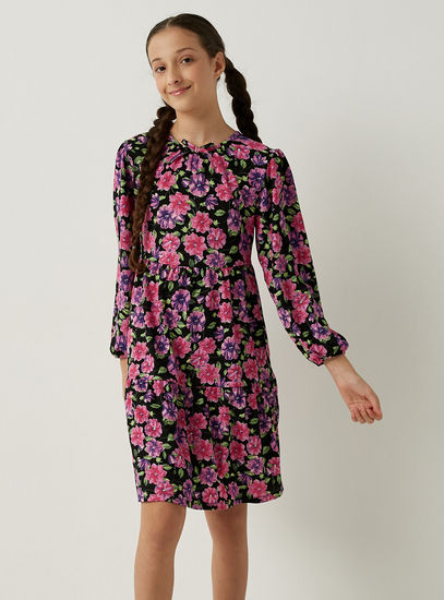 Floral Print Tiered Dress with Round Neck and Long Sleeves