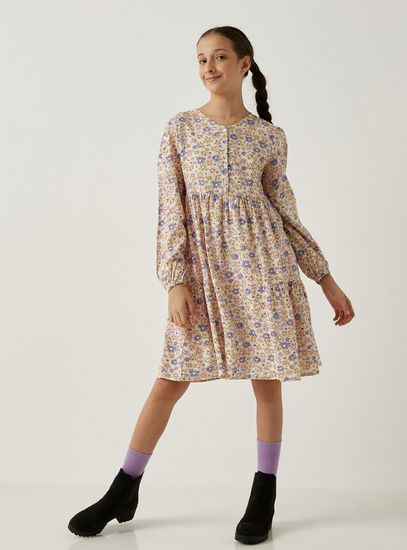 Floral Print Dress with Long Sleeves and Button Closure