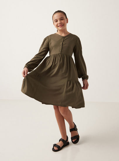 Solid V-neck Dress with Long Sleeves and Button Closure