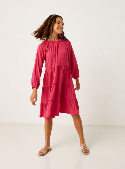 Crinkle Texture Tiered Dress with Long Sleeves and Round Neck