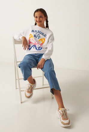 Butterfly Print Sweatshirt with Round Neck and Long Sleeves