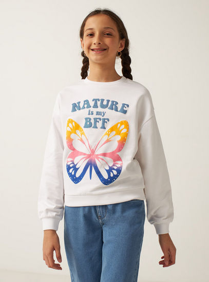 Butterfly Print Sweatshirt with Round Neck and Long Sleeves-Hoodies & Sweatshirts-image-1