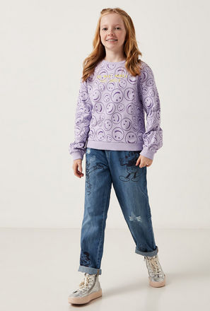 Smiley Print Round Neck Sweatshirt with Long Sleeves