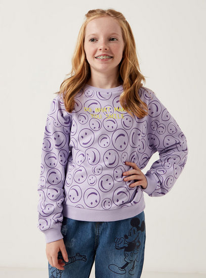 Smiley Print Round Neck Sweatshirt with Long Sleeves