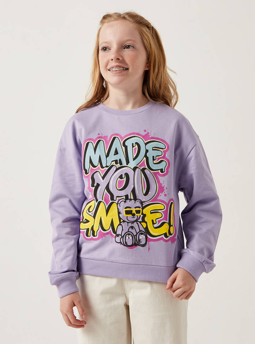 Printed Round Neck Sweatshirt with Long Sleeves-Hoodies & Sweatshirts-image-1