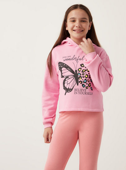 Butterfly Print Sweatshirt with Hood and Long Sleeves