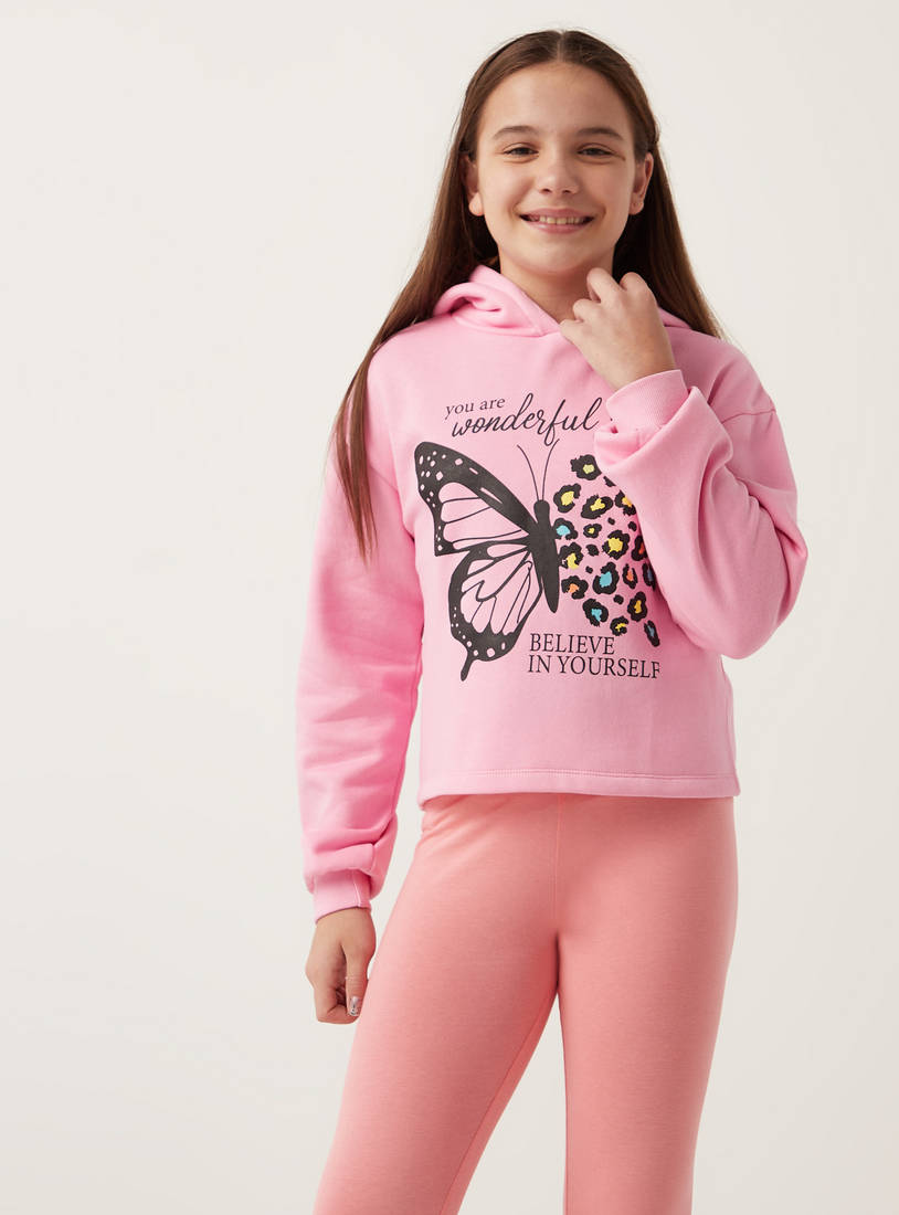Butterfly Print Sweatshirt with Hood and Long Sleeves-Hoodies & Sweatshirts-image-0