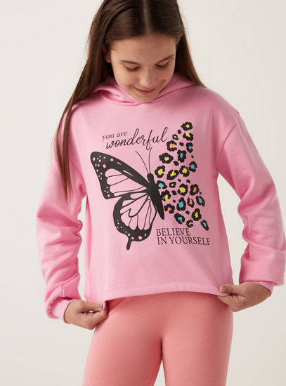 Butterfly Print Sweatshirt with Hood and Long Sleeves