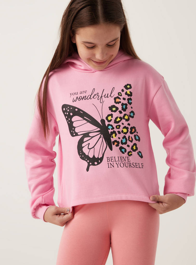 Butterfly Print Sweatshirt with Hood and Long Sleeves-Hoodies & Sweatshirts-image-1