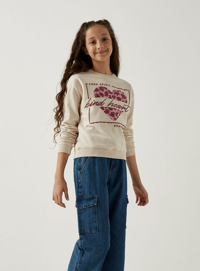 Heart Print BCI Cotton Sweatshirt with Round Neck and Long Sleeves-Hoodies & Sweatshirts-image-0