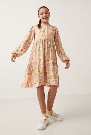 Printed V-neck Dress with Long Sleeves and Button Closure