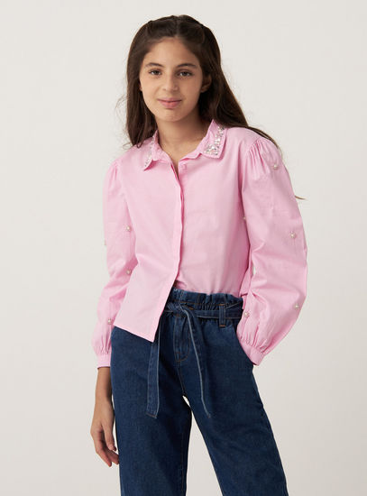 قميص بوهو مزيّن بياقة عادية وأكمام طويلة وأزرار-القمصان والبلوزات-image-0
