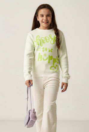 Slogan Print Round Neck Sweater with Long Sleeves