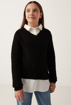 Textured Collared Sweater with Long Sleeves