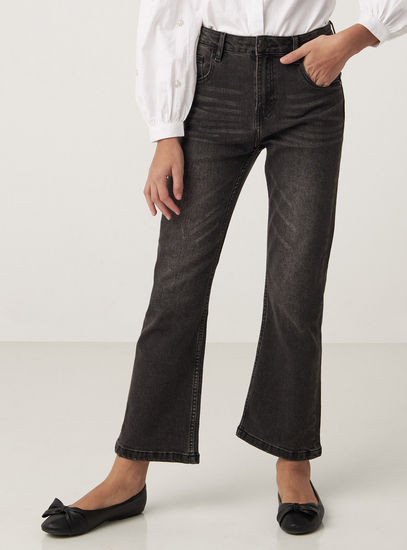Solid Flared Leg Jeans with Button Closure and Pockets-Jeans-image-0