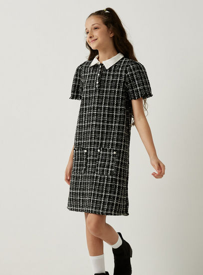 Checked Tweed Dress with Collar and Pockets