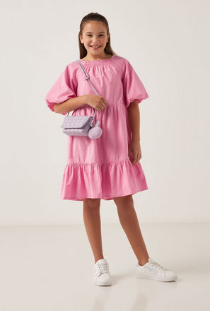 Solid Tiered Dress with Round Neck and Short Puff Sleeves