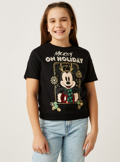 Mickey Mouse Print T-shirt with Short Sleeves