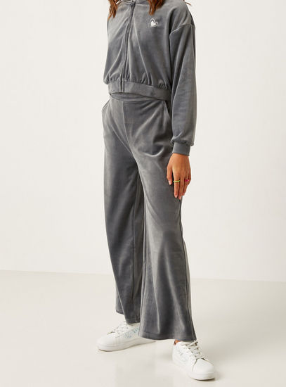 Solid Wide Leg Velour Pants with Elasticised Waistband and Pockets-Trousers-image-0