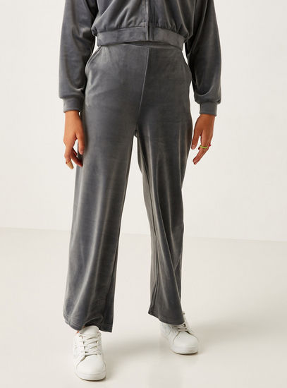 Solid Wide Leg Velour Pants with Elasticised Waistband and Pockets-Trousers-image-1