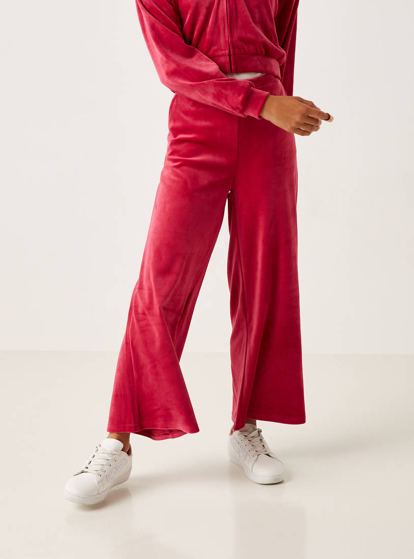 Solid Wide Leg Velour Pants with Elasticised Waistband and Pockets-Trousers-image-0