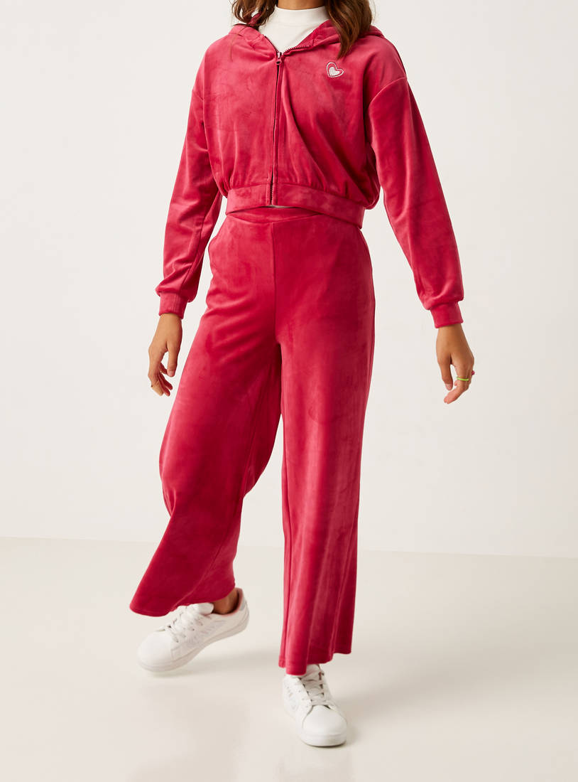 Plain Wide Leg Velour Pants with Elasticised Waistband and Pockets-Trousers-image-1