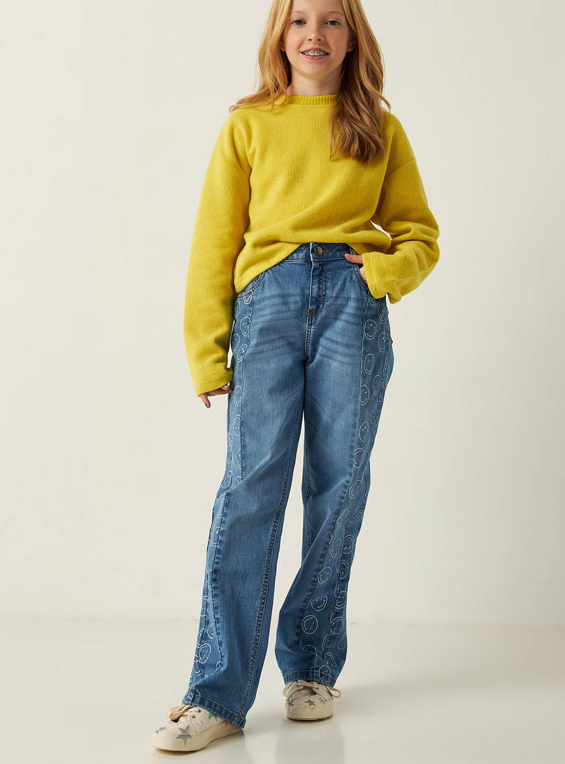 Smiley Print Mid-Rise Jeans with Button Closure-Jeans-image-0