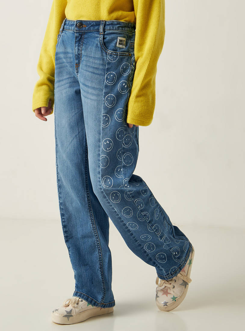 Smiley Print Mid-Rise Jeans with Button Closure-Jeans-image-1
