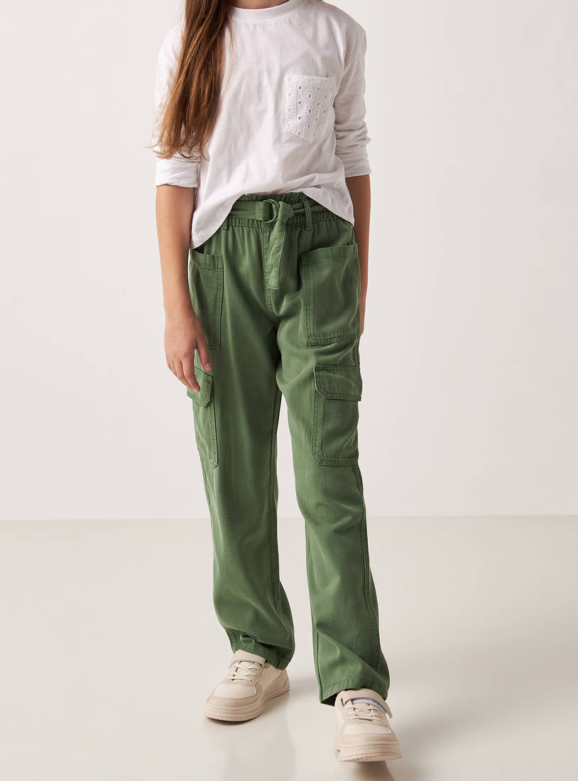 Solid Cargo Pants with Belt Tie-Ups and Pockets-Trousers-image-1