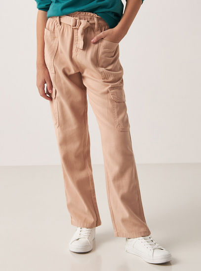 Solid Cargo Pants with Belt Tie-Ups and Pockets-Trousers-image-0