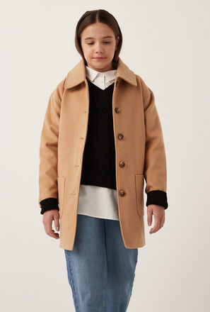Solid Duffle Coat with Long Sleeves and Pockets