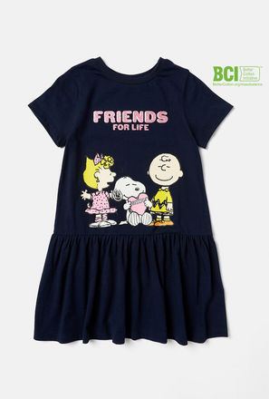 Snoopy Print Drop Waist Dress with Round Neck and Short Sleeves