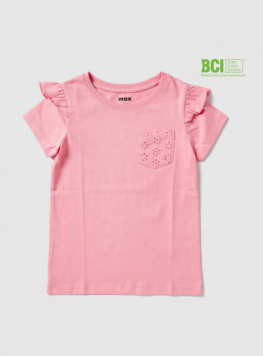 Solid BCI Cotton Top with Ruffle Detail and Broderie Pocket