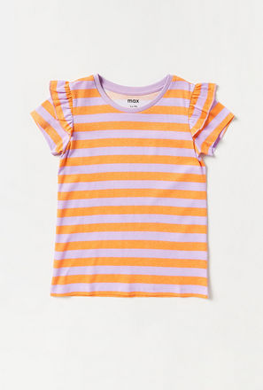 Striped Crew Neck T-shirt with Short Sleeves and Ruffle Detail