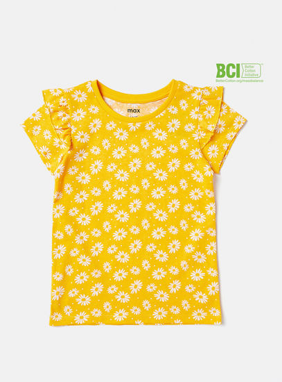 Floral Print BCI Cotton Round Neck T-shirt with Short Sleeves