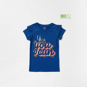 Slogan Print BCI Cotton T-shirt with Short Sleeves and Ruffle Detail