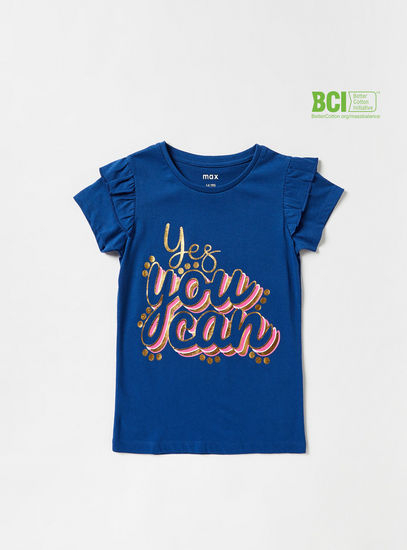 Slogan Print BCI Cotton T-shirt with Short Sleeves and Ruffle Detail