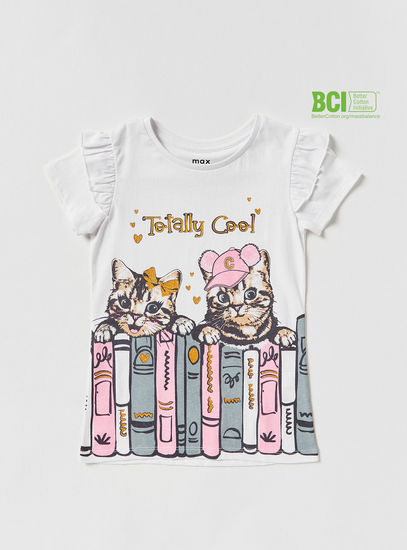 Cat Print BCI Cotton Round Neck T-shirt with Short Sleeves