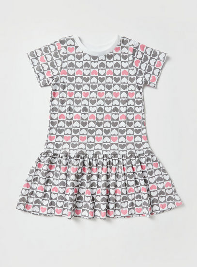 Heart Print Dress with Round Neck and Short Sleeves
