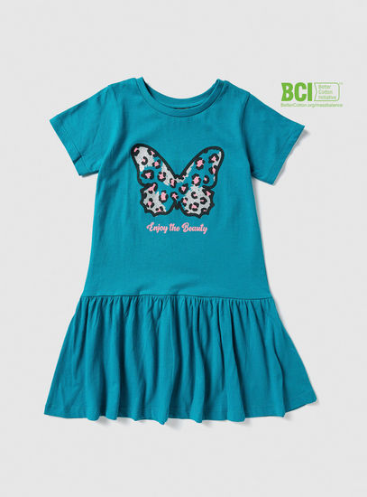 Butterfly Print BCI Cotton Dress with Round Neck and Short Sleeves