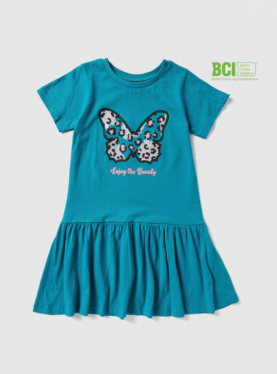 Butterfly Print BCI Cotton Dress with Round Neck and Short Sleeves
