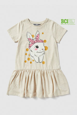 Bunny Print Tiered Dress with Crew Neck and Short Sleeves