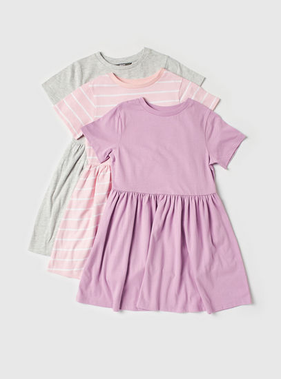 Set of 3 - Assorted A-line Dress with Short Sleeves and Round Neck